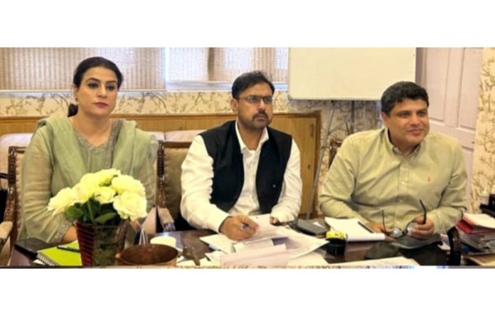 J&K Sports Minister Satish Sharma along with Secretary YSS Sarmad Hafeez and Secretary JKSC Nuzhat Gul participating in a virtual meeting convened by Union Sports Minister Dr Mansukh Mandaviya.