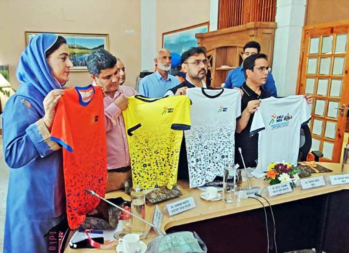 Sports Minister unveiling Jersey for Khelo India Water Sports Festival in Srinagar on Thursday. Sports Minister unveiling Jersey for Khelo India Water Sports Festival in Srinagar on Thursday.