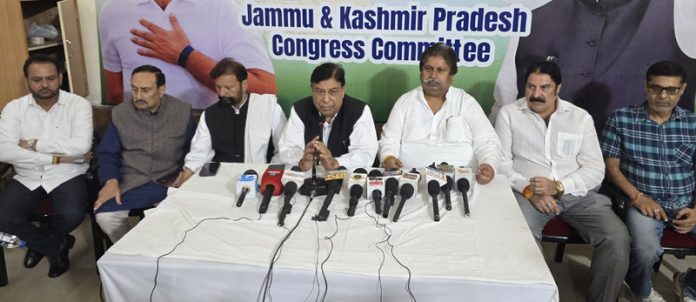 Senior Cong leaders addressing press conference in Jammu on Saturday. -Excelsior/Rakesh