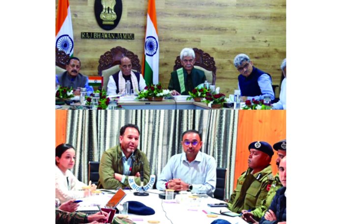 Leader of Opposition, Sunil Sharma along with MLA, Shagun Parihar, Divisional Commissioner, Jammu, Ramesh Kumar and Army officers briefing Union Defence Minister, Rajnath Singh about the situation in Chashoti through video conferencing on Sunday.