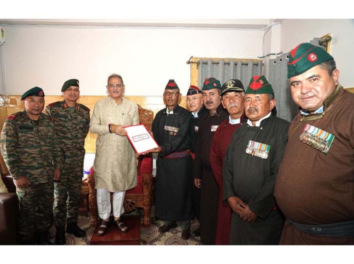 LG Ladakh Kavinder Gupta meeting with a delegation of army personnel and ex-servicemen in Leh.