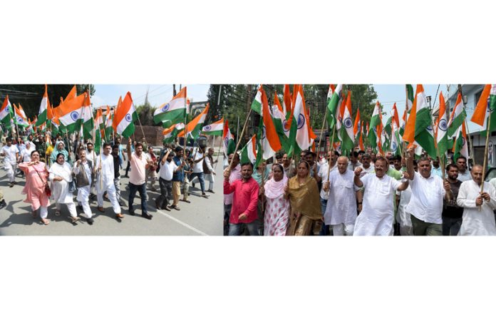Tiranga rally being taken out by BJP activists in Srinagar (L) and in Bari Brahmana, Samba (R) on Monday.
