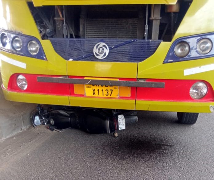 A bike crushed under school bus at Sarore Adda in Samba.