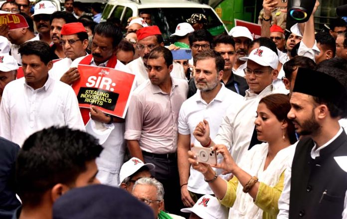 INDIA bloc MPs during their march to Election Commission in New Delhi over SIR in Bihar on Monday. (UNI) INDIA bloc MPs during their march to Election Commission in New Delhi over SIR in Bihar on Monday. (UNI)