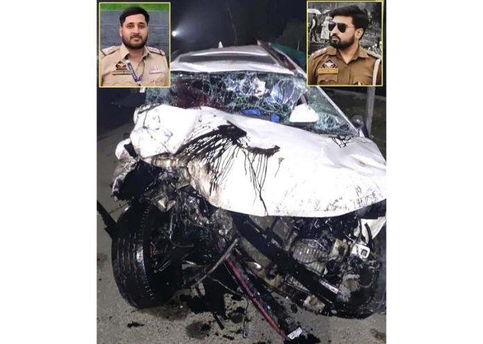 Ill-fated vehicle that met with an accident at Lasjan, Srinagar. (Inset) PSIs Sachin Verma and Shubham Seth. Ill-fated vehicle that met with an accident at Lasjan, Srinagar. (Inset) PSIs Sachin Verma and Shubham Seth.