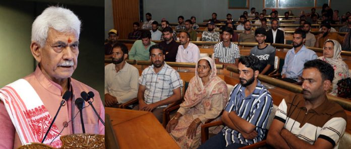 LG Manoj Sinha addressing members of terror victim families and others at SKICC Srinagar on Tuesday. -Excelsior/Shakeel LG Manoj Sinha addressing members of terror victim families and others at SKICC Srinagar on Tuesday. -Excelsior/Shakeel