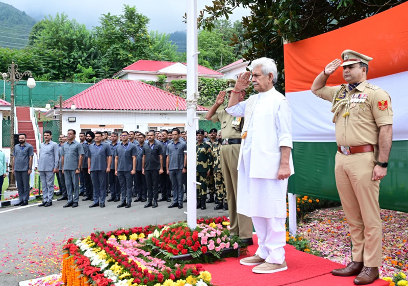 LG Manoj Sinha salutes national flag at Raj Bhawan, Srinagar on Independence Day.