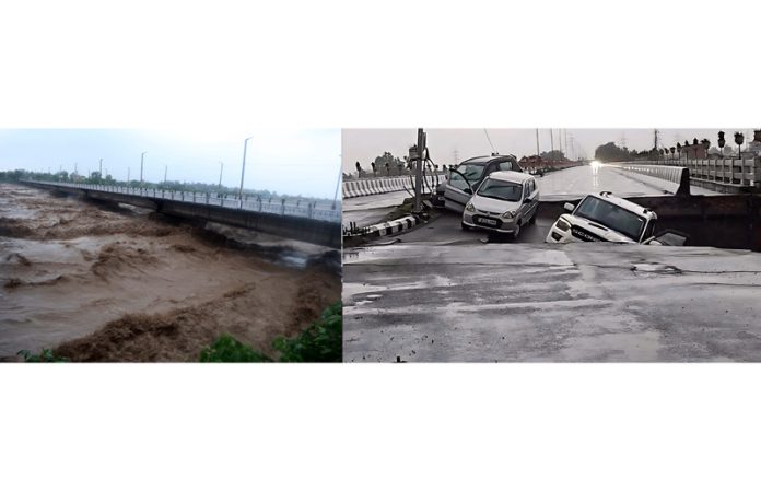 Flooded Tawi river nearly touching main bridge near Bikram Chowk on Tuesday (left) and vehicles stuck as approach road of fourth Tawi bridge damaged in Jammu (right). More -Excelsior/Rakesh Flooded Tawi river nearly touching main bridge near Bikram Chowk on Tuesday (left) and vehicles stuck as approach road of fourth Tawi bridge damaged in Jammu (right). More -Excelsior/Rakesh
