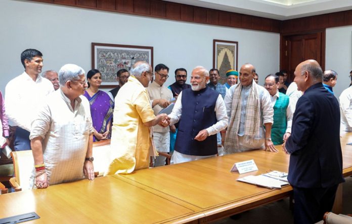 NDA candidate for Vice President post, C.P. Radhakrishnan files his nomination in the presence of Prime Minister Narendra Modi and other party leaders in New Delhi on Wednesday. (UNI)