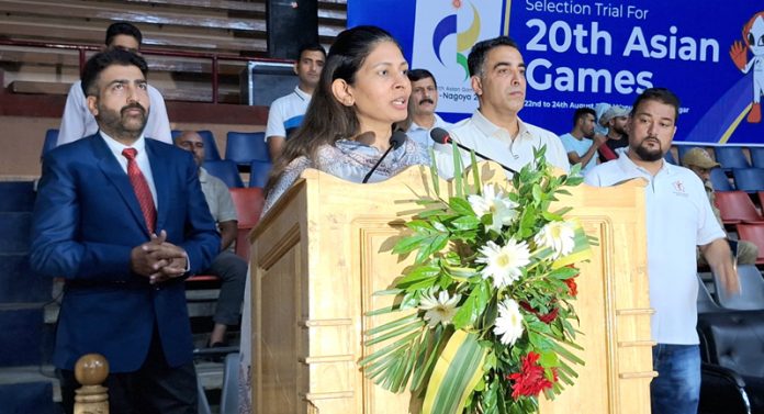 Union MoS for Sports, Raksha Nikhil Khadse addressing during a programme in Srinagar.