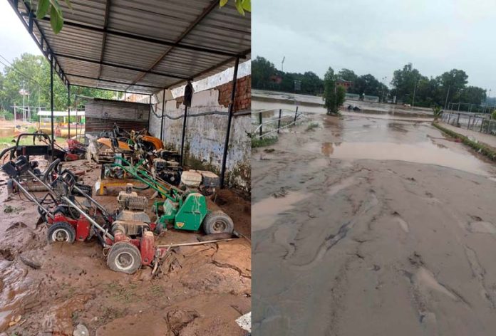 Condition of JKCA Hostel Ground after flash floods, with silt and slush rendering the Ground unusable.