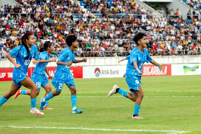 Indian Women football team celebrating after qualifying for AFC U20 Women’s Asian Cup on Sunday. Indian Women football team celebrating after qualifying for AFC U20 Women’s Asian Cup on Sunday.