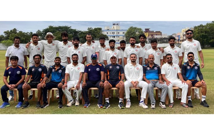 J&K cricket team posing for a photograph after registering victory over Indian Railways in the ongoing Bucchi Babu Invitation Cricket Tournament.