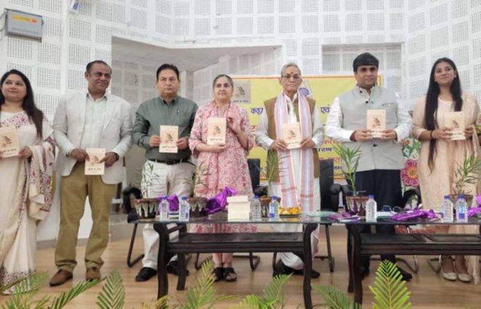 Chief guest, Dr Vishwa Murti Shastri and other dignitaries launching poetry collection of young talent Amaira Gupta during an event at JKAACL in Jammu on Friday.