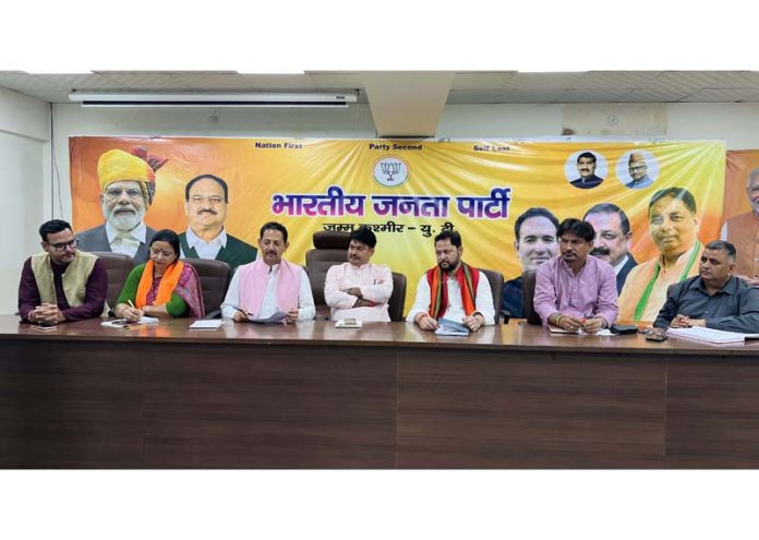 BJP leaders during a meeting at Jammu on Sunday.