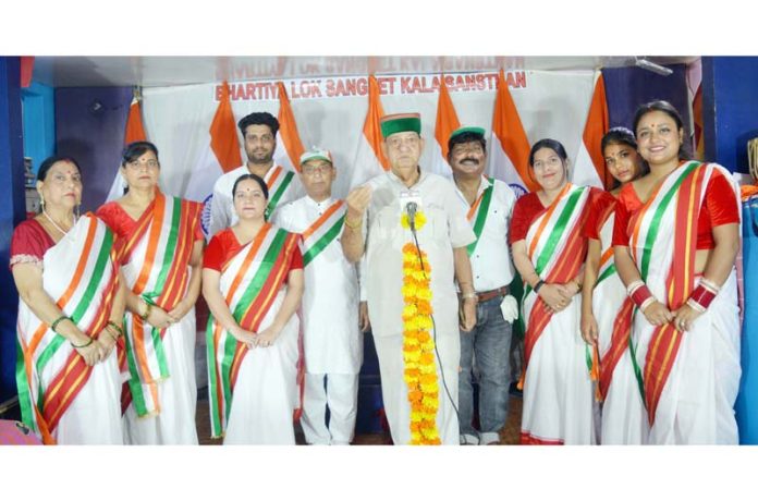 Bhartiya Lok Sangeet Kala Sansthan artists celebrating 20th Foundation Day of the organisation in Jammu on Friday.