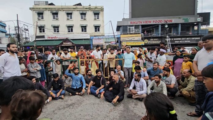 Locals protesting against Shrine Board at Katra on Wednesday. -Excelsior/Ramesh Mengi