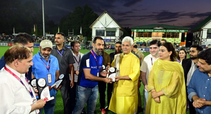 LG Manoj Sinha felicitating owners of six teams participating in Kashmir Super League-2025 in Srinagar. LG Manoj Sinha felicitating owners of six teams participating in Kashmir Super League-2025 in Srinagar.
