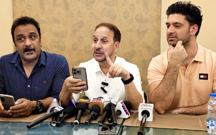 Members of CCIK during a press conference in Srinagar on Monday. —Excelsior/Shakeel