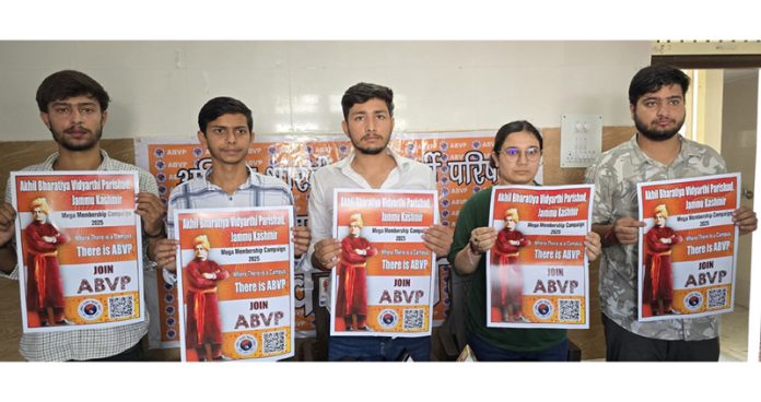 ABVP office bearers launch poster on eve of membership drive. - Excelsior/Rakesh