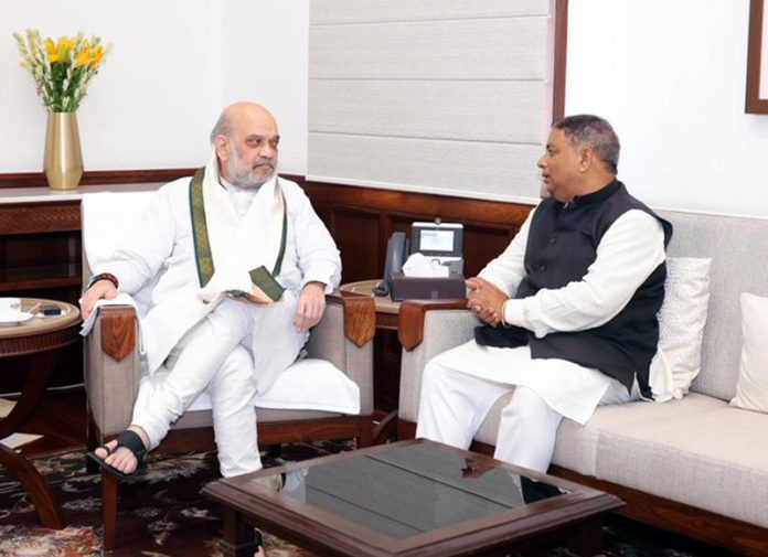 JK BJP president, Sat Sharma during a meeting with Union Home Minister, Amit Shah in New Delhi on Friday.