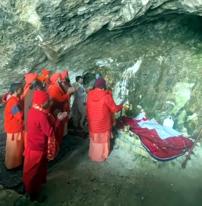 Chhari Mubarak performing Puja at holy cave of Shri Amarnath Ji on the auspicious occasion of Shravan Purnima on Saturday.