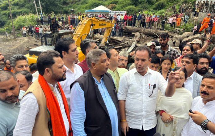 Sat Sharma, president, Jammu & Kashmir BJP along with other party leaders during visit to the cloudburst-affected Kishtwar on Saturday. Sat Sharma, president, Jammu & Kashmir BJP along with other party leaders during visit to the cloudburst-affected Kishtwar on Saturday.