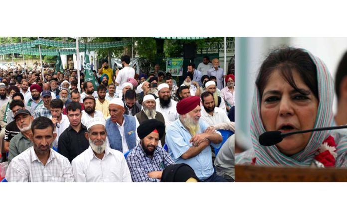 PDP president, Mehbooba Mufti addressing party’s 26th anniversary function in Jammu on Friday. -Excelsior/Rakesh