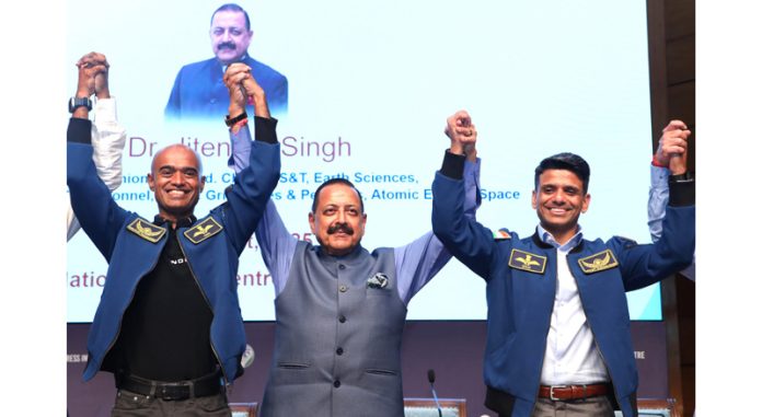 Union Minister Dr Jitendra Singh, flanked by Astronauts Shubhanshu Shukla and Prasant B Nair, at National Media Centre, New Delhi on Thursday.