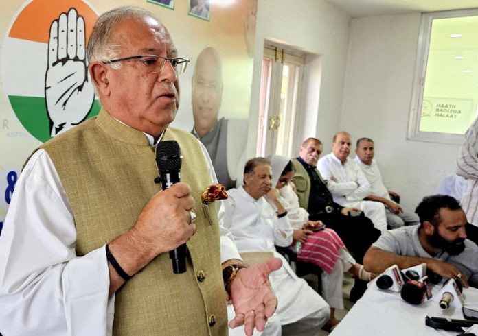 JKPCC president Tariq Hameed Karra speaking during a function held on the occassaion of birth anniversary of former PM Rajiv Gandhi in Srinagar on Wednesday. -Excelsior/Shakeel