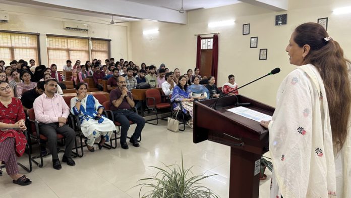 Prof. Neelu Rohmetra, Dean Research Studies, addressing participants during Cyanobacteria workshop at Jammu University.