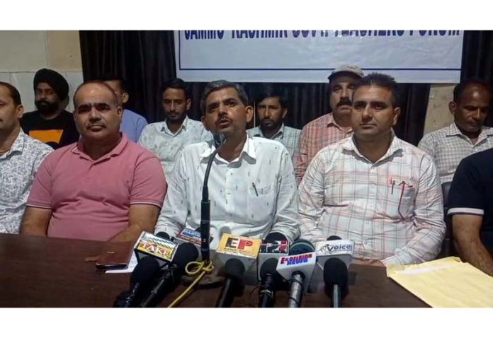 JK Lecturers Forum addressing press conference at Jammu on Sunday.