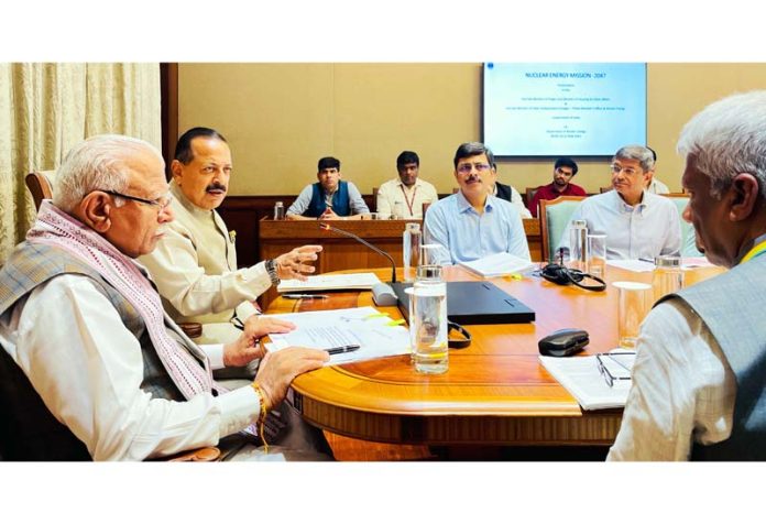 Union Power Minister Manohar Lal Khattar and Union Minister Incharge Atomic Energy Dr Jitendra Singh jointly convening a high-level meeting at Parliament House, New Delhi on Friday.