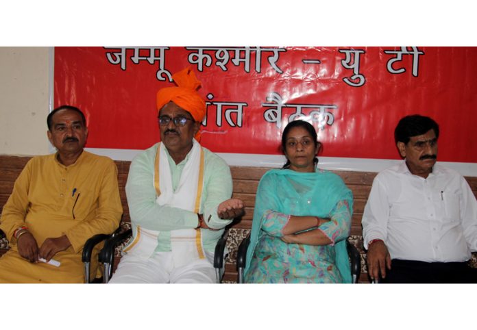 BKS national president, K Sai Reddy along with other leaders of organization at a press conference at Jammu on Wednesday. —Excelsior/Rakesh