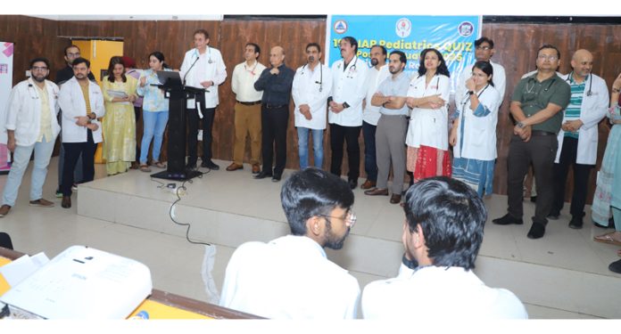 Principal of GMC Jammu and others during prize distribution among winners of IAP Quiz competition at SMGS Hospital Jammu on Thursday. Principal of GMC Jammu and others during prize distribution among winners of IAP Quiz competition at SMGS Hospital Jammu on Thursday.
