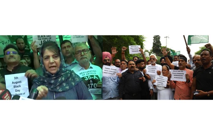 PDP president Mehbooba Mufti & others protest in Srinagar(L) and party workers in Jammu on Tuesday. — Excelsior/Shakeel/Rakesh PDP president Mehbooba Mufti & others protest in Srinagar(L) and party workers in Jammu on Tuesday. — Excelsior/Shakeel/Rakesh