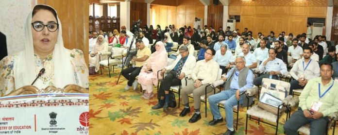 Dr Syed Darakhshan Andrabi addressing a gathering during the Chinar Book Festival in Srinagar on Thursday.