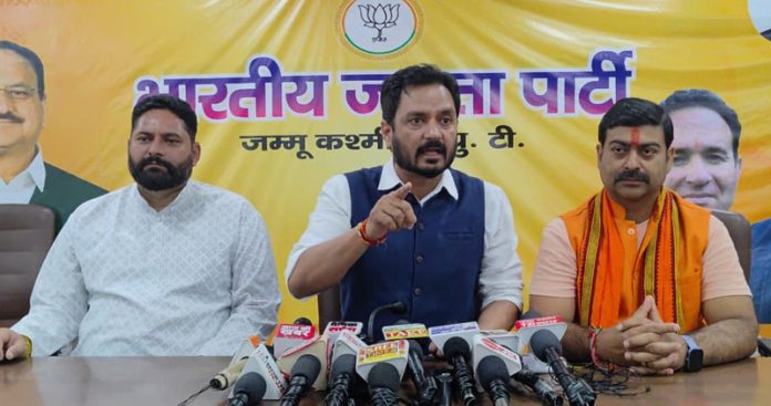 BJP leaders at a press conference at Jammu on Tuesday.