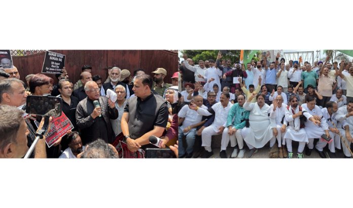 Cong activists protest at Srinagar (L) and Jammu (R) on Tuesday. — Excelsior/Rakesh / UNI Cong activists protest at Srinagar (L) and Jammu (R) on Tuesday. — Excelsior/Rakesh / UNI