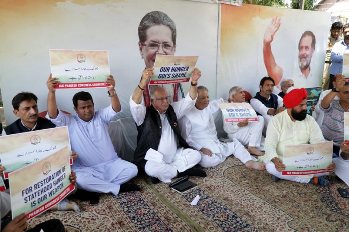 JKPCC president Tariq Hameed Karra along with other party leaders sitting on hunger strike in Srinagar. -Excelsior/Shakeel