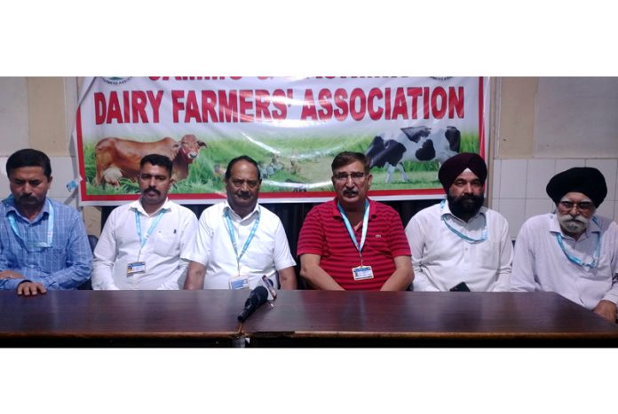 JKDFA leaders during a press conference at Jammu. -Excelsior/Rakesh