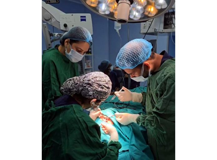 Doctors performing orbital tumor surgery at AIIMS Jammu on Tuesday.