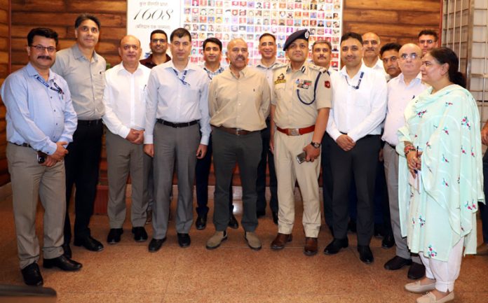 DGP Nalin Prabhat with police officers at Crime Branch Headquarters in Srinagar.