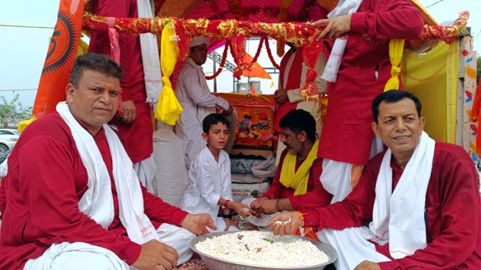 A fully decorated vehicle with portraits of Lord Krishna and devotees that formed the part of Shobha Yatra taken out in Ghagwal on the eve of Shri Krishna Janmashtami on Sunday.