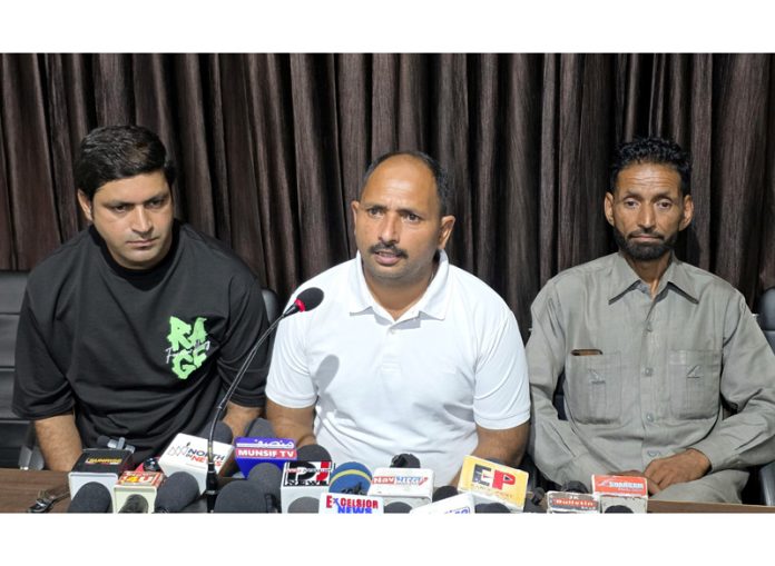 Family members of 3 Billawar youth who died under mysterious circumstance in May this year talking to reporters at Jammu on Friday. -Excelsior/Rakesh