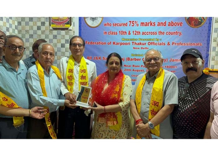 Members of All J&K Sain Samaj Sabha felicitating a speaker during a function in Jammu. Members of All J&K Sain Samaj Sabha felicitating a speaker during a function in Jammu.