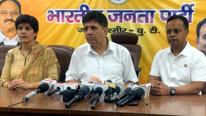 BJP leaders at a press conference at Jammu on Tuesday. BJP leaders at a press conference at Jammu on Tuesday.