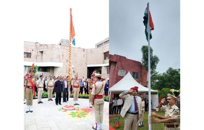 Chief Justice Arun Palli unfurling the National Flag (Left) in Srinagar and Justice Sanjeev Kumar saluting the National Flag in Jammu (Right). Chief Justice Arun Palli unfurling the National Flag (Left) in Srinagar and Justice Sanjeev Kumar saluting the National Flag in Jammu (Right).