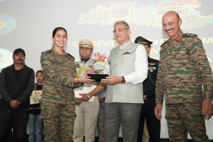 Lt Governor Ladakh, Kavinder Gupta honouring army officers at a function on Saturday.