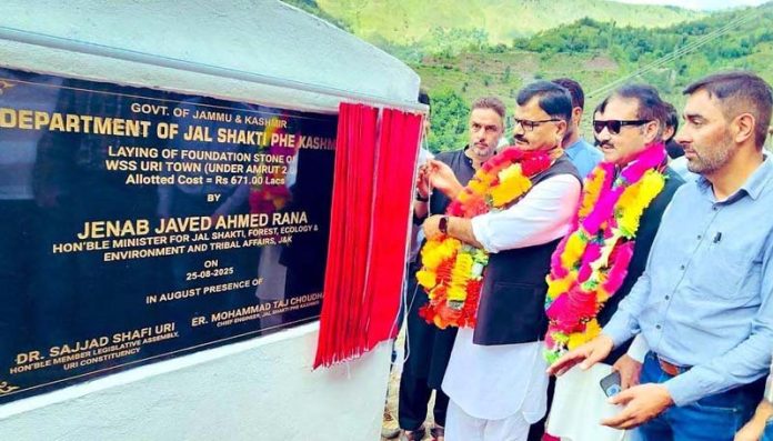 Minister Javed Ahmed Rana laying the foundation stone for development projects in Uri on Monday.
